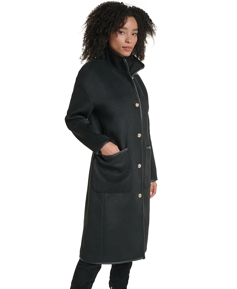 Karl Lagerfeld Paris Womens Double Faced Faux-Leather Trimmed Funnel Neck Coat