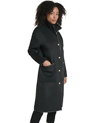 Karl Lagerfeld Paris Womens Double Faced Faux-Leather Trimmed Funnel Neck Coat