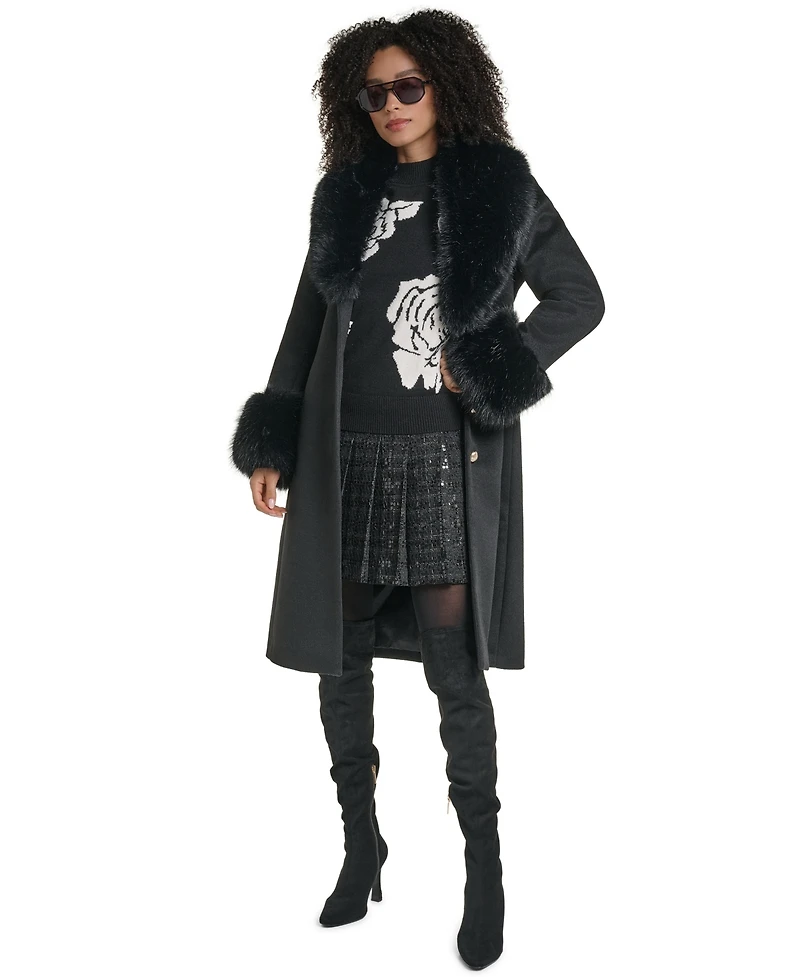 Karl Lagerfeld Paris Women's Fur Trimmed Single Breasted Long Wool Coat