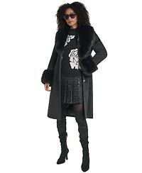 Karl Lagerfeld Paris Women's Fur Trimmed Single Breasted Long Wool Coat