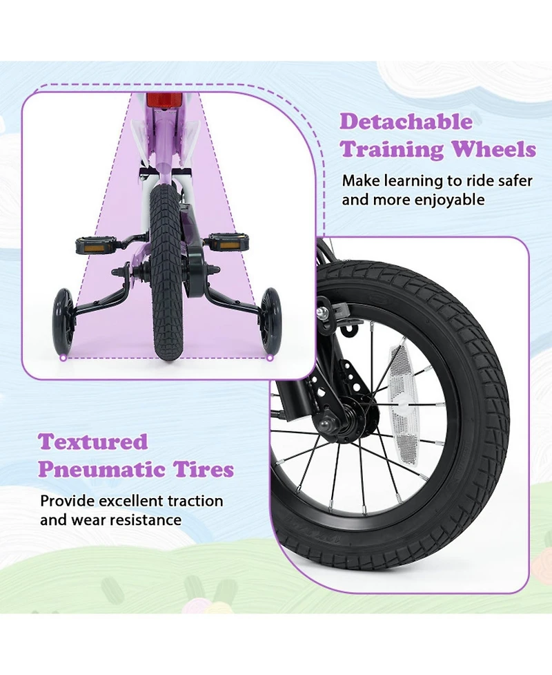 Sugift Kids' 12-Inch Motorcycle-Inspired Bike with Detachable Training Wheels, Ages 3-4