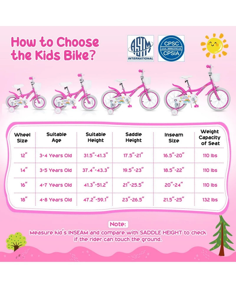 Sugift 14-Inch Adjustable Girls Bike with Dual Brake System and Training Wheels, Ages 3-5