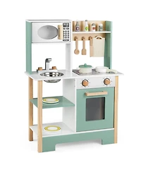 Sugift Wooden Play Kitchen with Chalkboard, 13-Piece Playset, Ages 3+