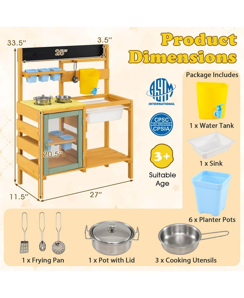 Sugift Wooden 13-Piece Mud Kitchen with Water Tank, Faucet, and 2 Stoves, Ages 3+