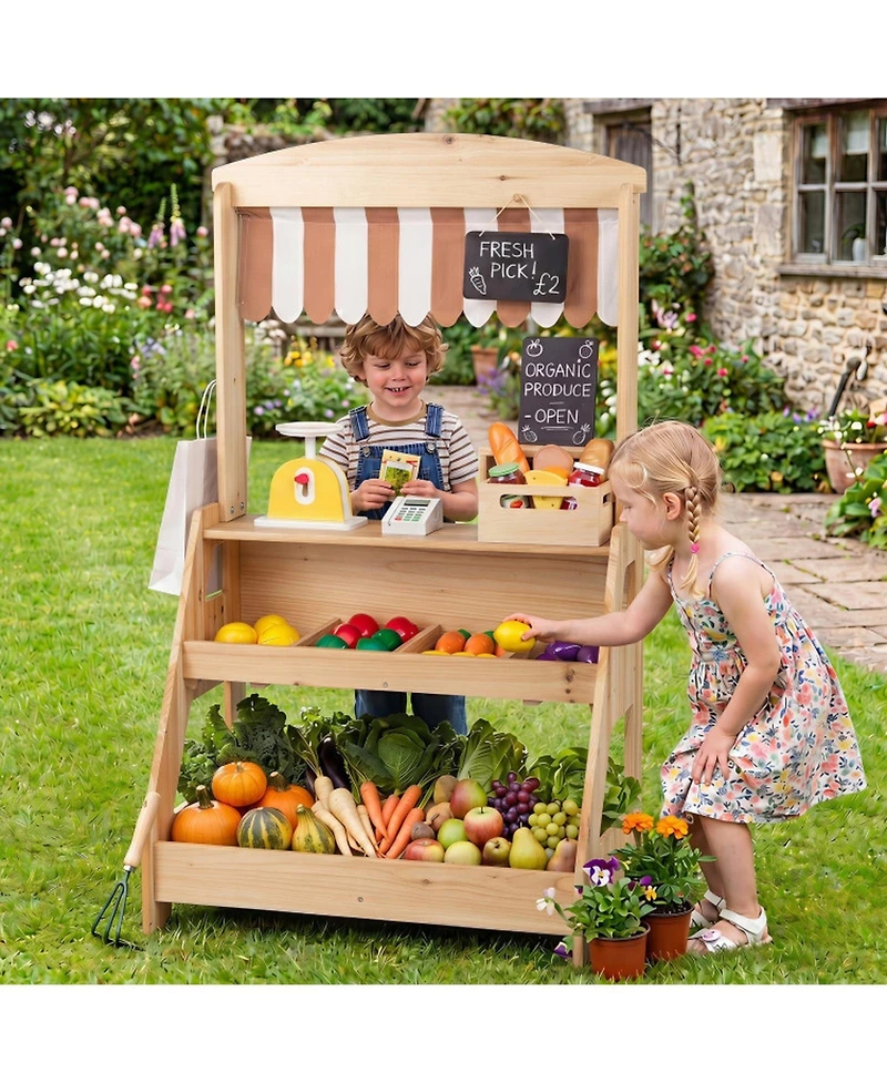 Sugift 2-in-1 Wooden Mud Kitchen and Market Stand 25-Piece Playset, Ages 3+
