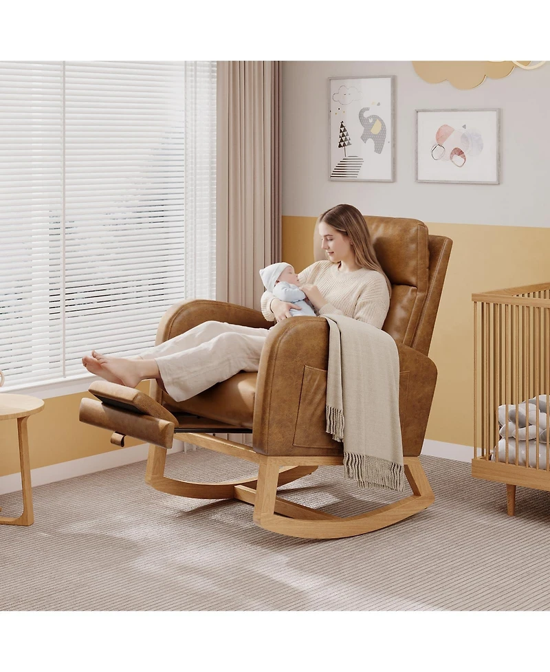homfan Pu Leather Rocking Chair Modern Nursery Glider Chair with Side Pockets, Pillow Extendable Footrest Upholstered Rocker for Living Room Bedroom