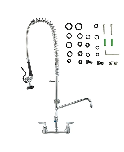 Busdays Commercial Wall Mount Kitchen Faucet with Pre Rinse Sprayer 36 Inch Height 8 Inch Center 12 Inch Swing Spout Brass for 1 2 3 Compartment Sink