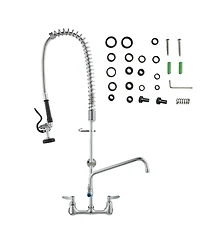 Busdays Commercial Wall Mount Kitchen Faucet with Pre Rinse Sprayer 36 Inch Height 8 Inch Center 12 Inch Swing Spout Brass for 1 2 3 Compartment Sink