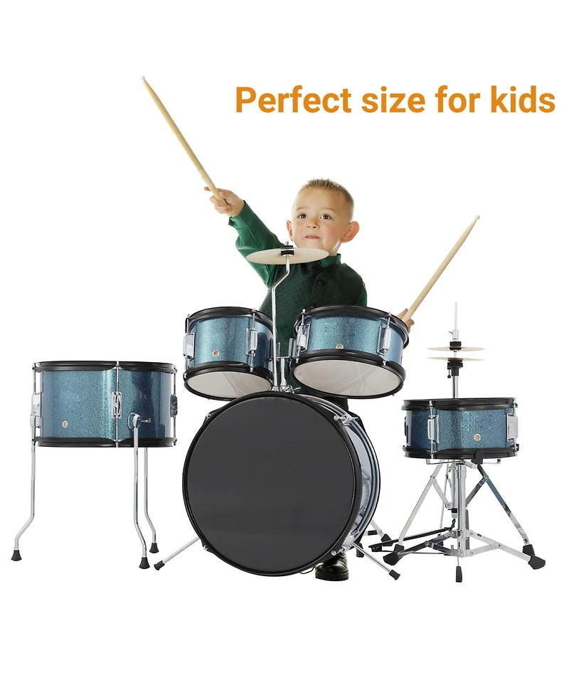 homfan Kids Drum Set - 5-Piece Junior Percussion Kit with Bass, Snare, Toms, Hi-Hat, Cymbal, Pedal and Adjustable Stool, Hardwood Construction