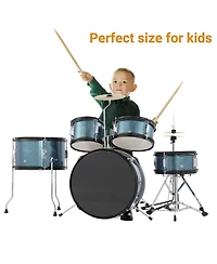 homfan Kids Drum Set - 5-Piece Junior Percussion Kit with Bass, Snare, Toms, Hi-Hat, Cymbal, Pedal and Adjustable Stool, Hardwood Construction