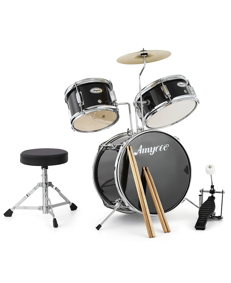 homfan 3-Piece Junior Drum Set for Kids - Complete Percussion Kit with Bass Drum, Tom, Snare, Cymbal, Drumsticks, Pedal and Adjustable Stool
