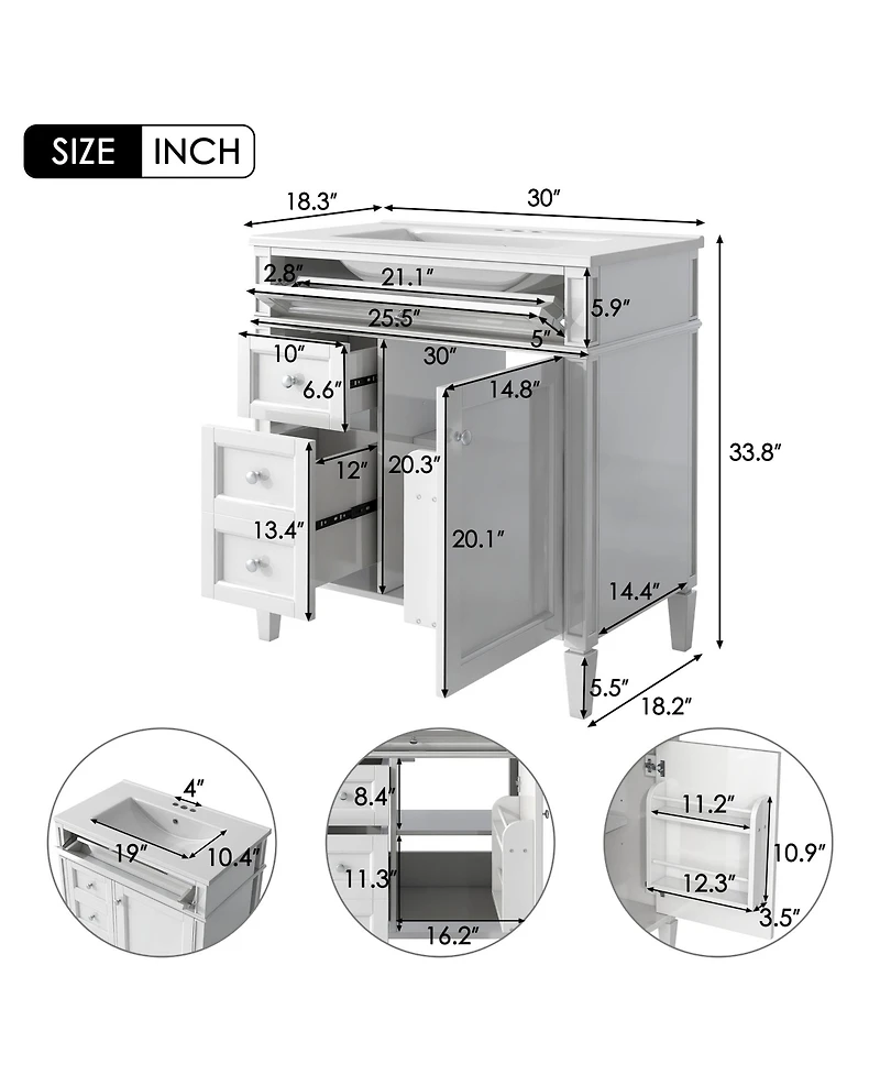 Busdays 30 Inch Bathroom Vanity with Top Sink Modern Storage Cabinet with 2 Drawers and a Tip Out Drawer Single Sink