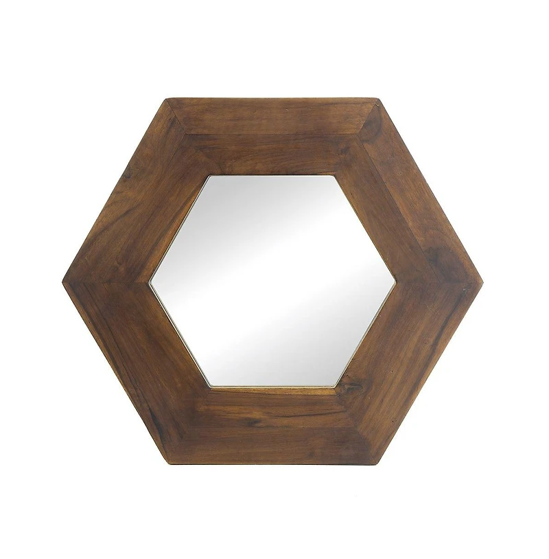 Busdays 18.5 x 18.5 Inch Dark Brown Hexagon Mirror with Solid Wood Frame Wall Decor for Living Room Bathroom Hallway