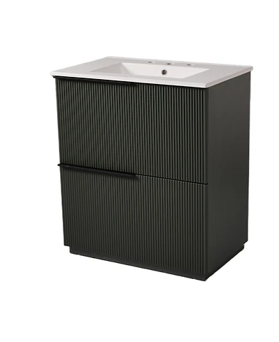 Busdays 30 Inch Bathroom Vanity with Ceramic Sink Full Extension Drawers Soft Close Undermount Slides Fluted Design