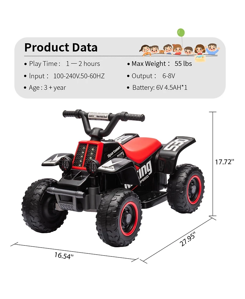 homfan 6V Kids Electric Ride-On Atv Quad with Led Headlights, Ages 3+