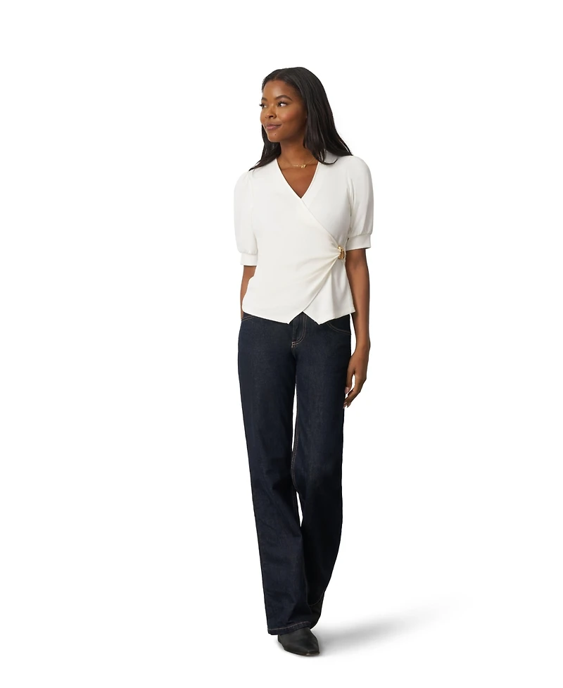 Cable & Gauge Women's Draped Wrap Top with Hardware Detail