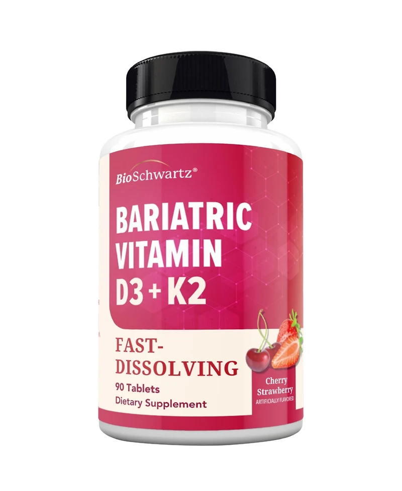 BioSchwartz Bariatric D3 Plus K2 Dissolvable Tablets, Support Post Bariatric Wellness Routine, Cherry Strawberry Flavor, 90 Tablets