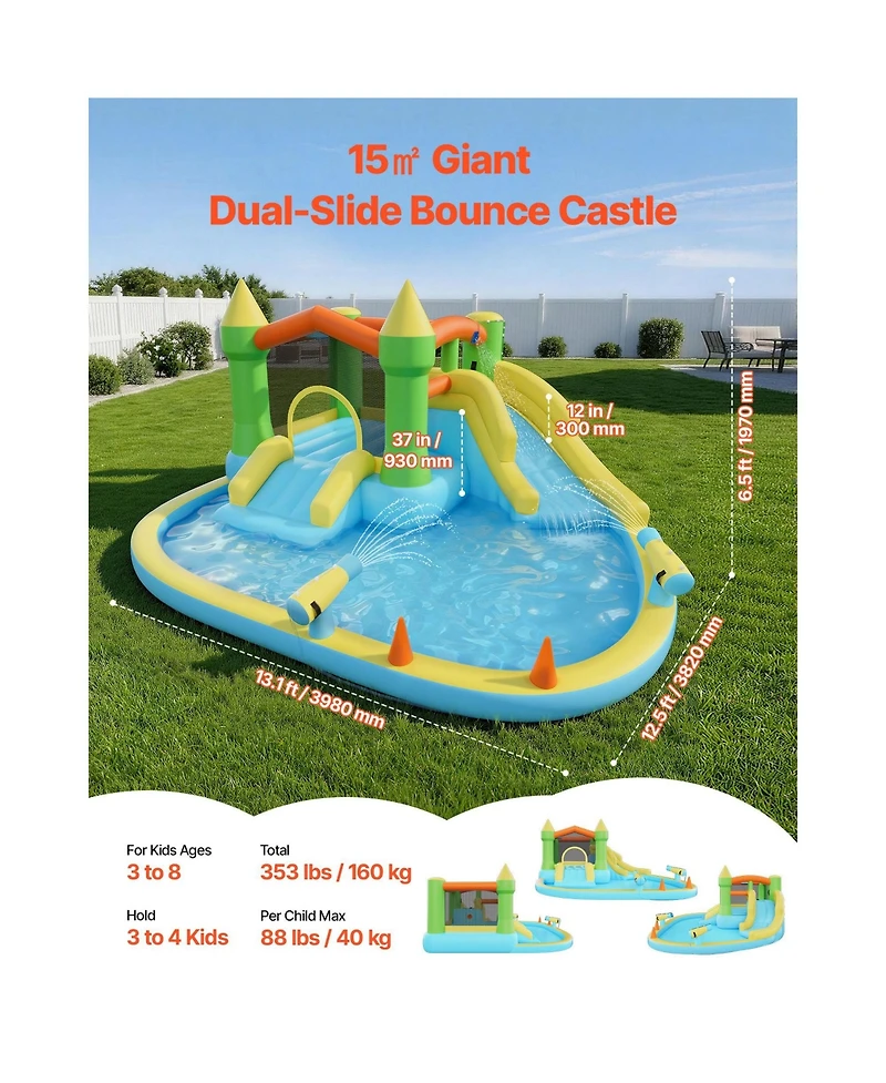 Hikeen 12.5 x 13.1 ft Inflatable Bounce House Water Slide with Basketball Hoop and Splash Pool