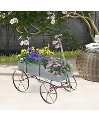 Gymax Patio Wooden Garden Flower Planter Wagon Plant Bed With Wheel Garden Yard