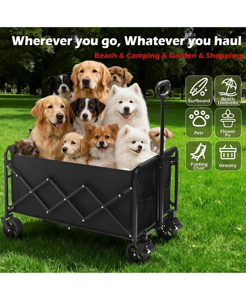 Mountaintop Collapsible Wagons Carts Foldable Wagon, All-Terrain Wheels, 2 Cup Holders, Lightweight Black Cart for Beach, Camp, Sports, Garden