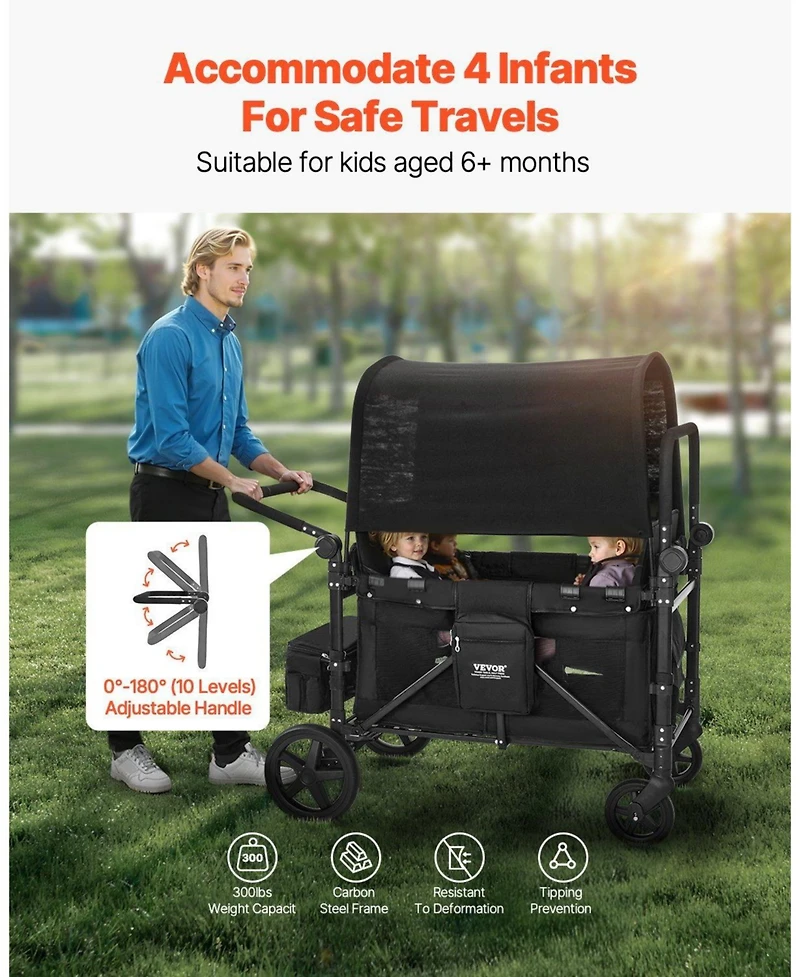 Mountaintop Wagon Stroller for 4 Kids, Adjustable Handle,5-Point Harness, Removable Canopy,330LBS, Camping