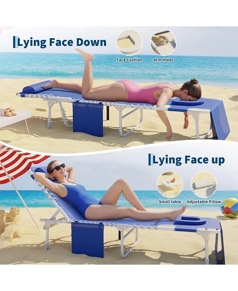 homfan Outdoor Patio Lounge Chair 3-in-1 with Face Hole, 5 Reclining Positions, Folding Side Table and Pillow, 330 lbs Capacity for Pool or Beach
