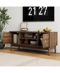 Boyel Living 43.3" Mid-Century Modern Tv Stand for 32-45 Inch TVs, Walnut Entertainment Center with Grille Doors and Storage Media Console Table