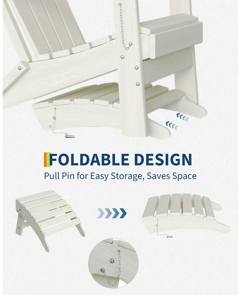 homfan Folding Adirondack Chair and Ottoman Hdpe All-Weather Outdoor Chair for Deck, Garden or Backyard