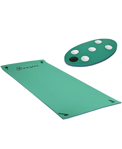 Hikeen 12x5ft Lily Pad Floating Mat with Drink Holders 3-Layer Portable Roll-Up Water Mat Float Dock for 2-3 People
