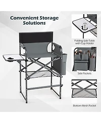 Gymax 26'' Folding Tall Director Chair with Side Table Cup Holders Storage Pockets
