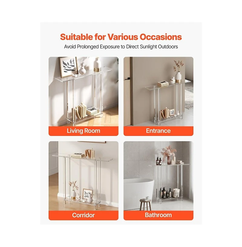Slickblue Modern Clear Acrylic Console Table with Bottom Storage Shelf, Slim Side Desk for Foyer Hallway