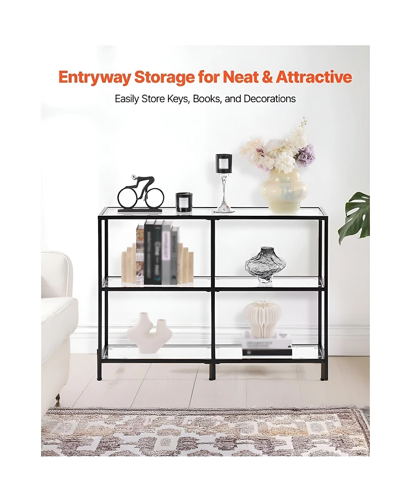 Slickblue Tempered Glass Console Table with 3-Tier Storage Shelves, Contemporary Sofa Table for Living Room