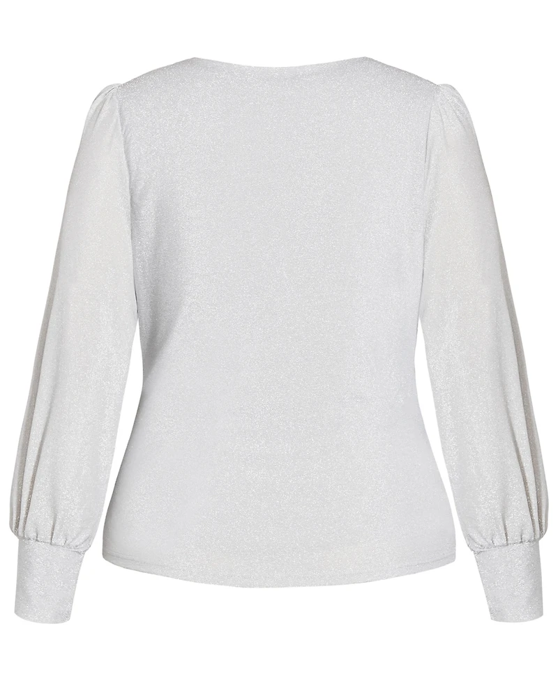 City Chic Plus Glowing Lurex Long-Sleeve V-Neck Faux-Wrap Blouse
