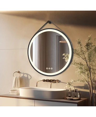 Luvodi 28" Circle Hanging Vanity Mirror for Wall with Leather Strap 3 Colors Dimmable for Bedroom Entryway