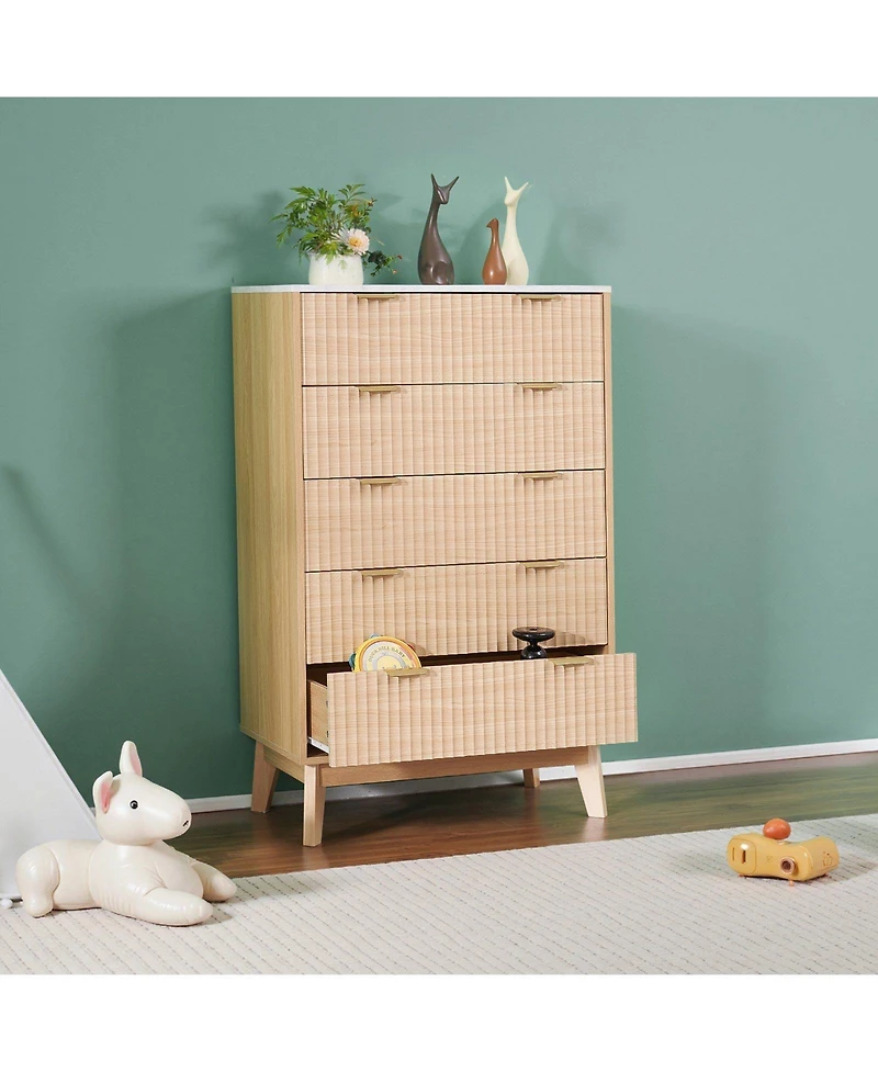 Slickblue 5 Drawer Fluted Dresser with Storage for Bedroom and Hallway