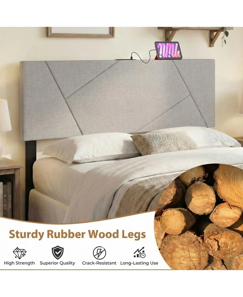 Sugift Geometric Upholstered Headboard for Full and Queen Size Bed with Charging Station