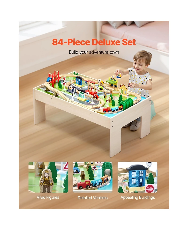Hongge 84-Piece Reversible Tabletop Wooden Train Table with Collapsible Storage Bin