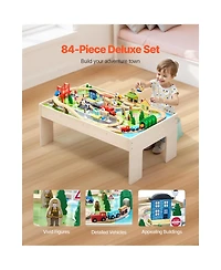 Hongge 84-Piece Reversible Tabletop Wooden Train Table with Collapsible Storage Bin