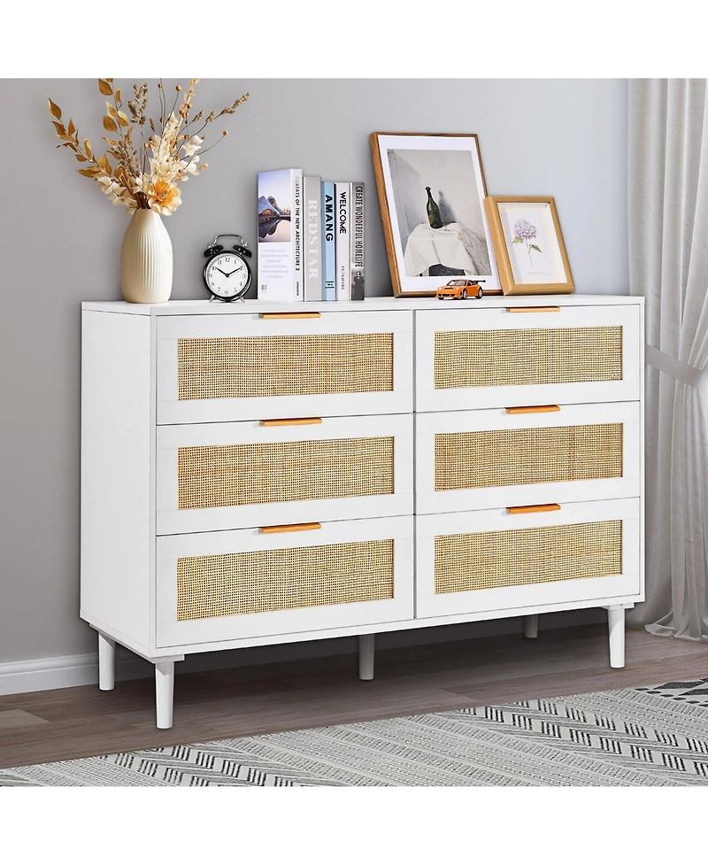 Slickblue 6 Drawer Rattan Dresser with Spacious Storage for Bedroom