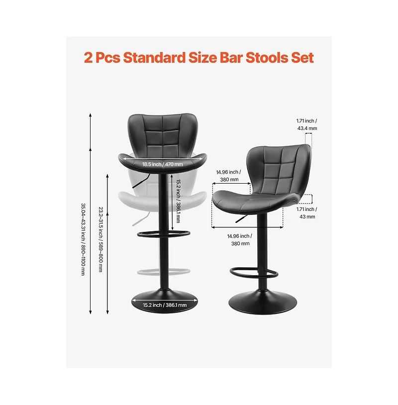 Slickblue Set of 2 Adjustable Swivel Pu Leather Counter Bar Stools