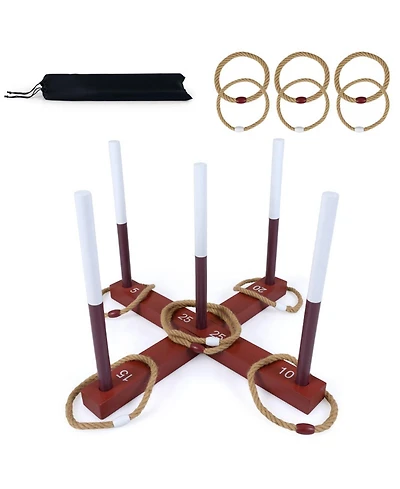 Hongge Wooden Ring Toss 24" x 24" Tool-Free Setup Yard Game with 6 Rope Rings and Storage Bag, Ages 3+