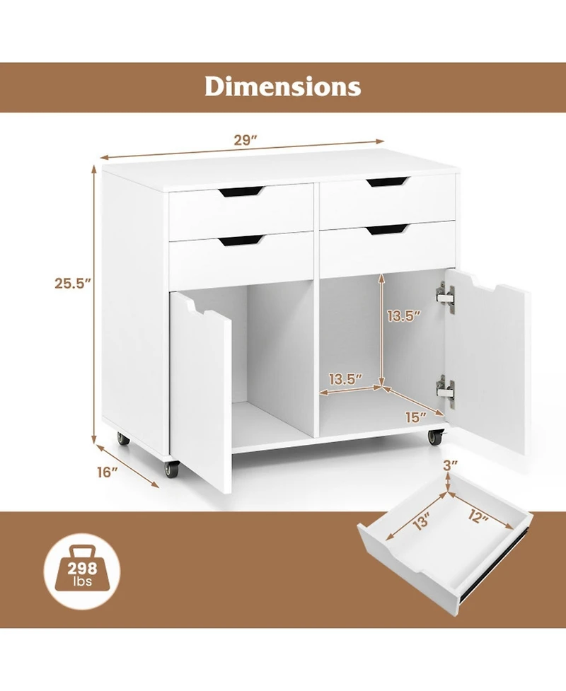 Sugift 4 Drawer File Cabinet with Wheels 29in x 16in x 25.5in for Home Office