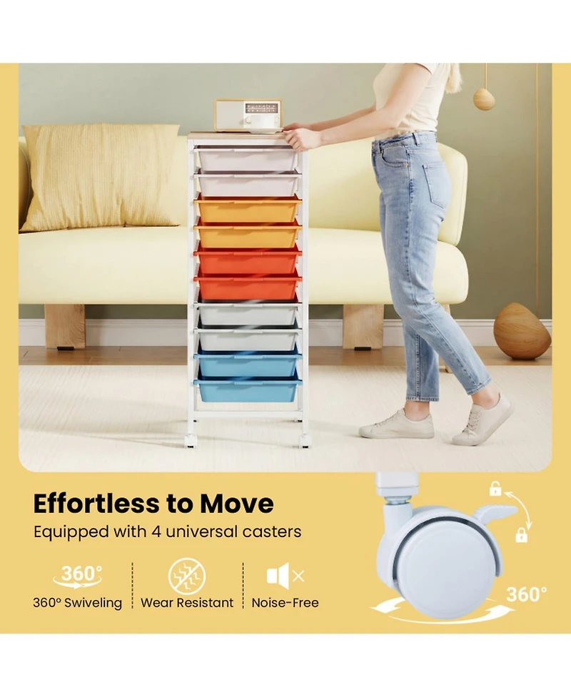 Sugift 10-Drawer Rolling Storage Cart Utility Organizer with Wooden Tabletop and Lockable Wheels