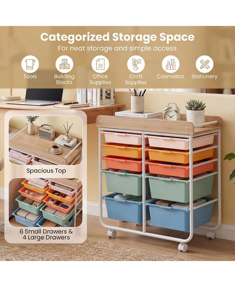 Sugift 10-Drawer Rolling Storage Cart with Wooden Tabletop and Lockable Wheels for Office