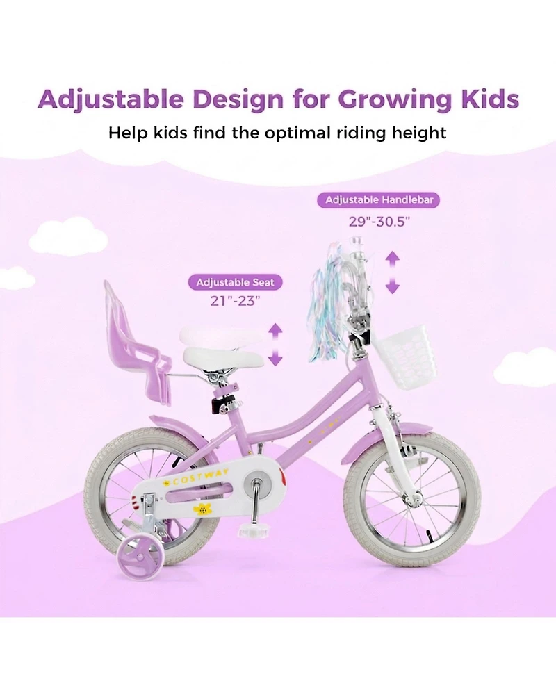 Hongge 14-Inch Girls Bike with Doll Seat, Dual Brake System & Training Wheels, Ages 3-5
