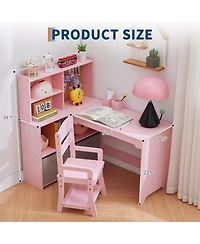 homfan L Shape Kids Desk and Chair Set with Bulletin Board, Open Shelves, Storage Cabinets, and Cloth Drawers, for Study and Play