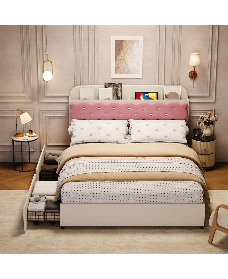 homfan Sandwich Cookie Style Princess Bed Frame, Upholstered with Storage Headboard and 2 Drawers, No Box Spring Needed