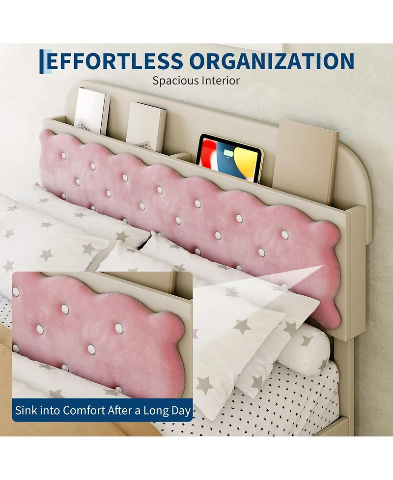 homfan Sandwich Cookie Style Princess Bed Frame, Upholstered with Storage Headboard and 2 Drawers, No Box Spring Needed