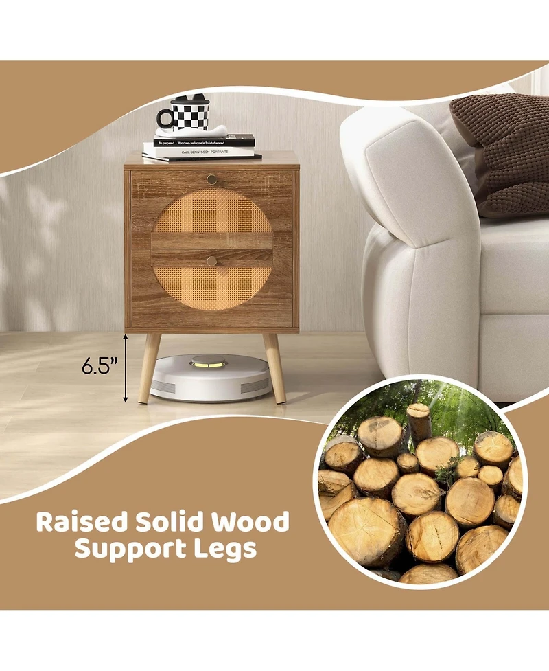 Costway 2 Pieces Rattan Nightstand with 2 Drawers Solid Wood Legs Compact Wood Coffee Table