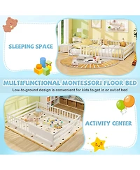 Sugift Queen Size Montessori Floor Bed Frame With Full Length Safety Guardrails For Kids